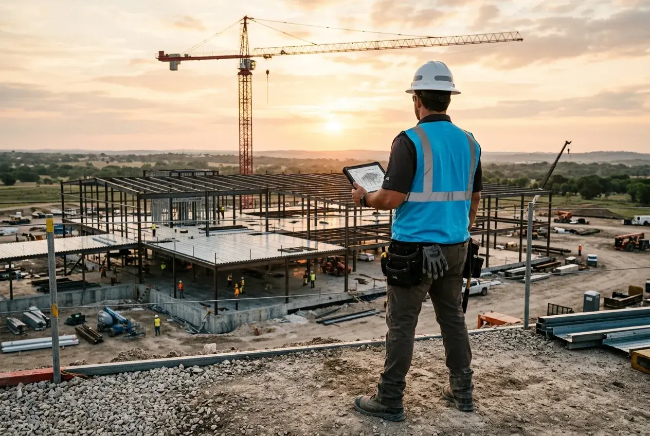 DAMPCO superintendent overseeing a commercial job site at sunrise