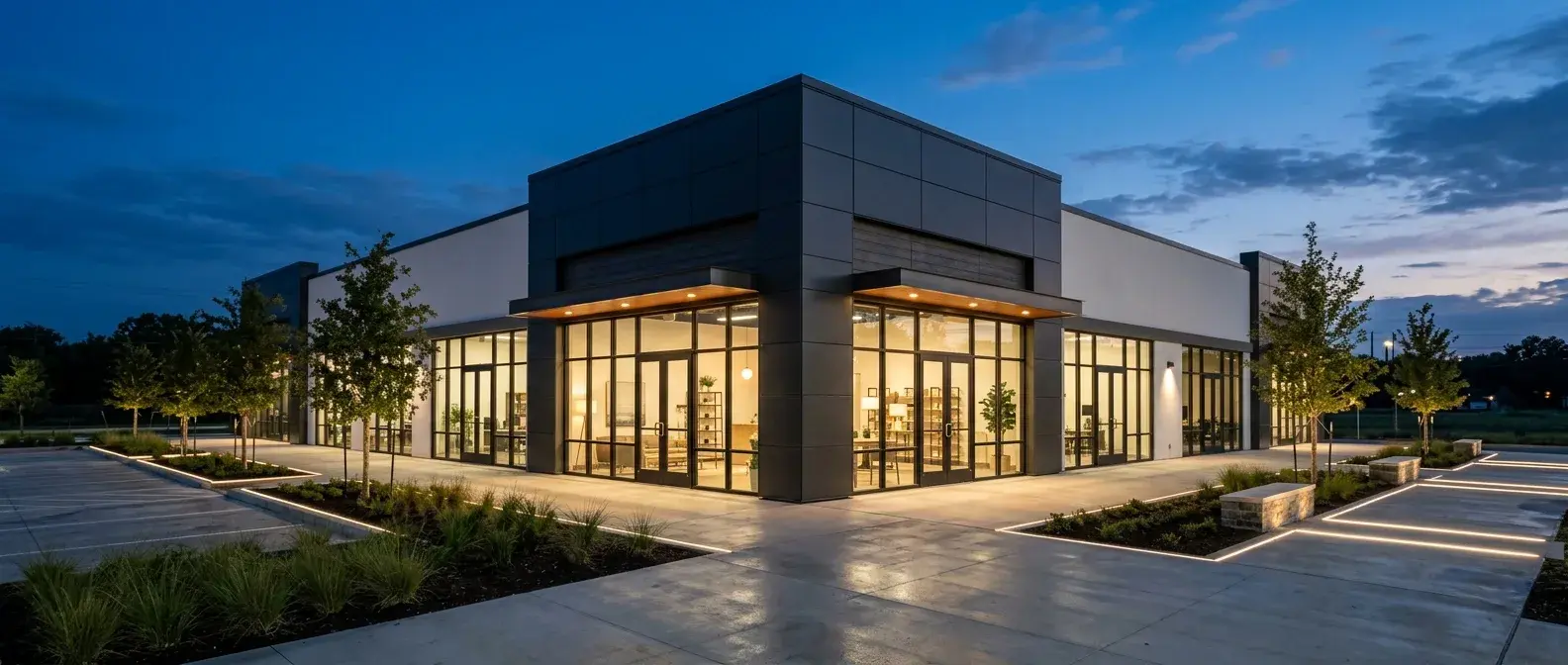 Completed commercial building at dusk