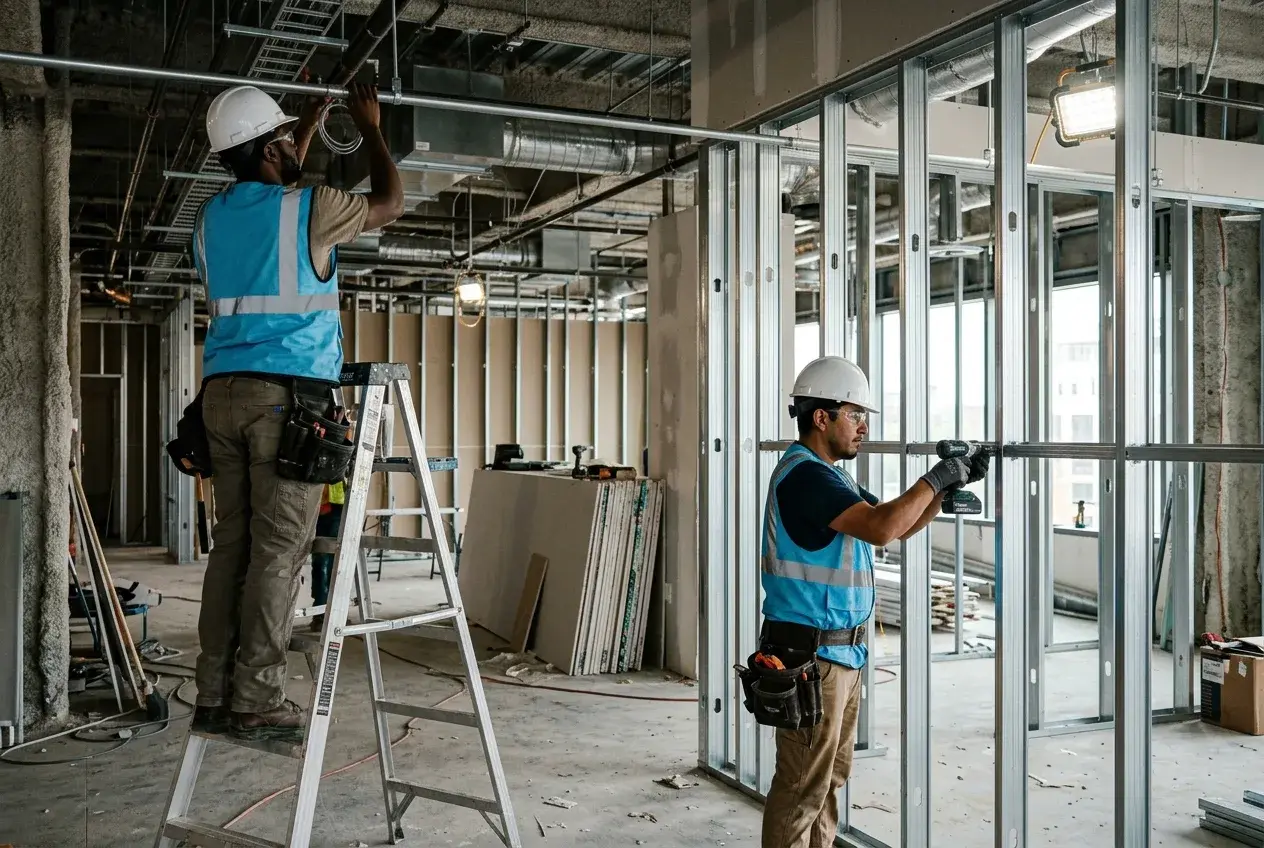 Trade partners framing a commercial tenant space