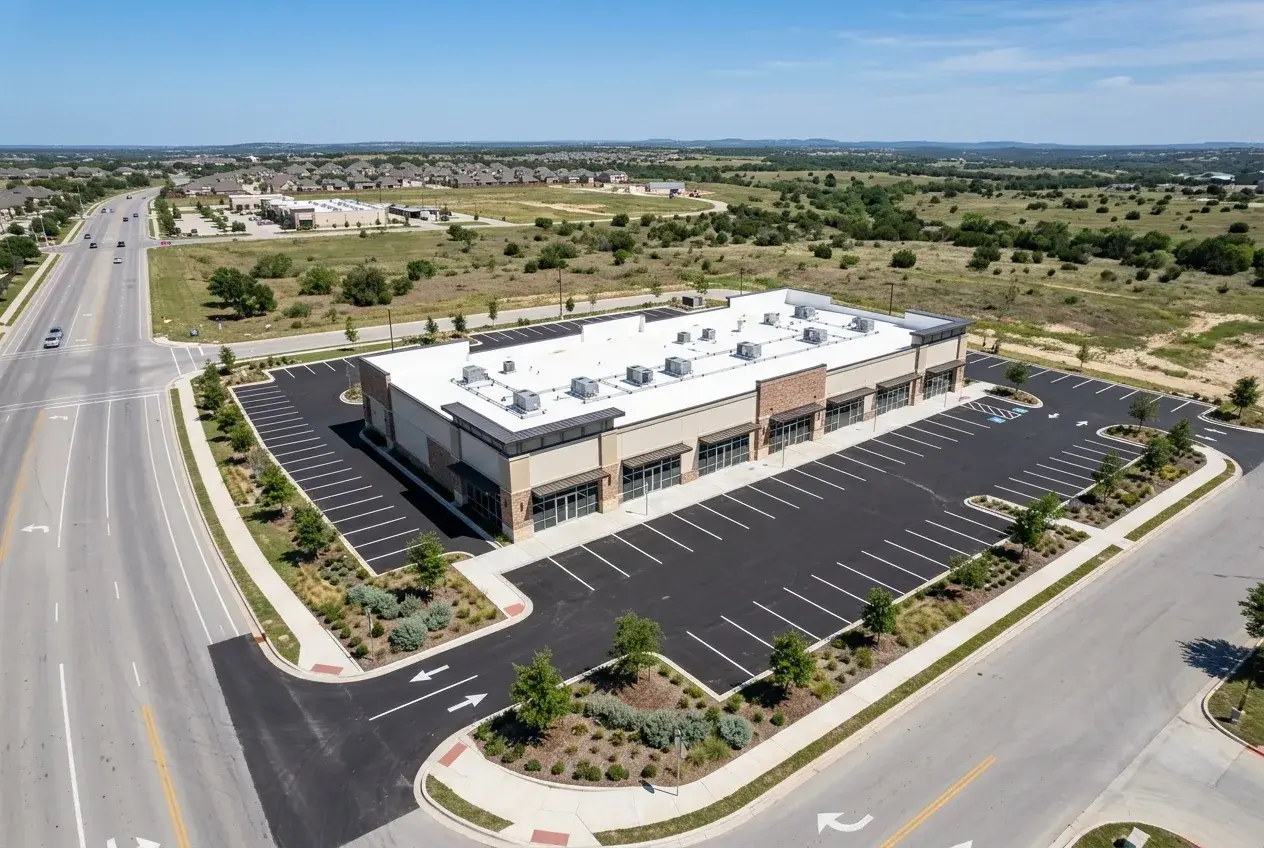 Aerial view of a completed commercial retail building