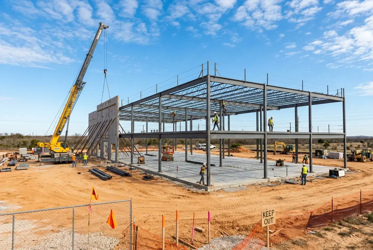 Structural steel being erected on a ground-up commercial project