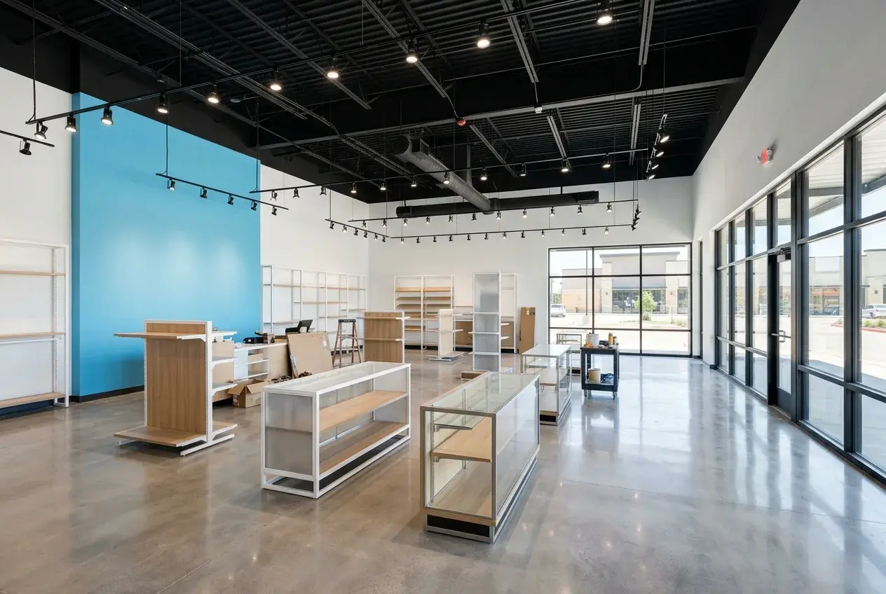 Finished retail tenant improvement with polished concrete and feature wall